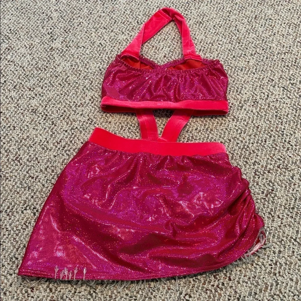 Sparkling Pink Fringed One Piece Halter Top and Skirt Set Costume. XS